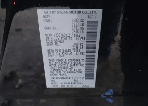 2013 Nissan Pathfinder Sl z USA, uszkodzony, nr VIN 5N1AR2MMXDC612127